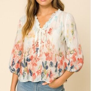 Yarn & Sea Floral Print Blouse Lightweight Flowy‎ Top Multicolor XL